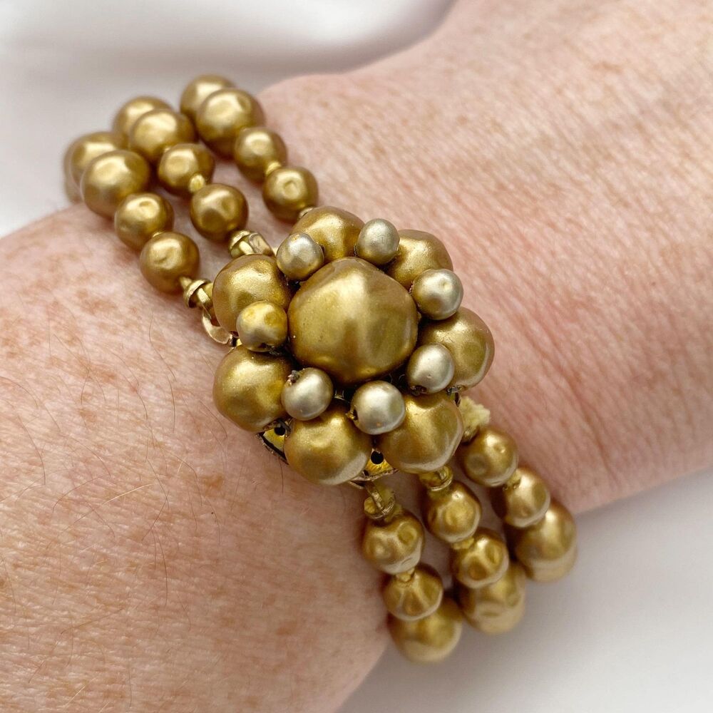 Vintage Gold Beaded Rose Flower Three Strand Bracelet with Box Clasp